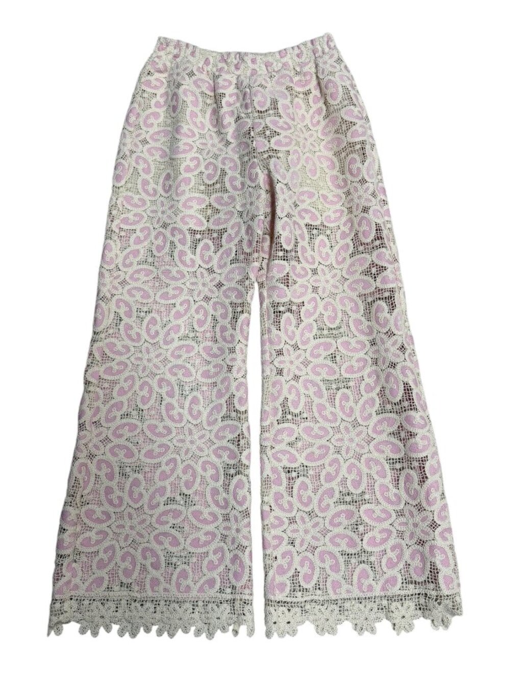 NWT Johnny Was Jade Simone Cropped Lace Pants Pink Ivory XS Boho Wide Leg